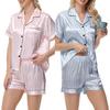 2 шт./комплект женский рубашка шорты костюм плюс размер лацкан короткий рукав атласный полосатый контрастный цвет топ эластичный пояс короткие брюки одежда для отдыха наряд