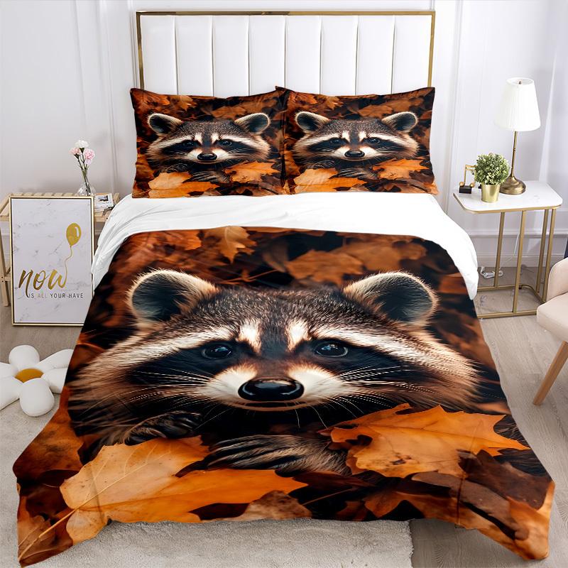 3pcs Raccoon, Autumn Leaves Duvet Cover Set - Machine Washable, Includes 1 Cover and 2 Pillowcases, No Core Included yy251013096