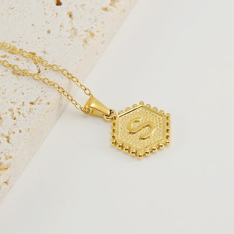 New Fashion Titanium Steel Hexagonal Letter Pendant Stainless Steel 26 English Letter Necklace Female