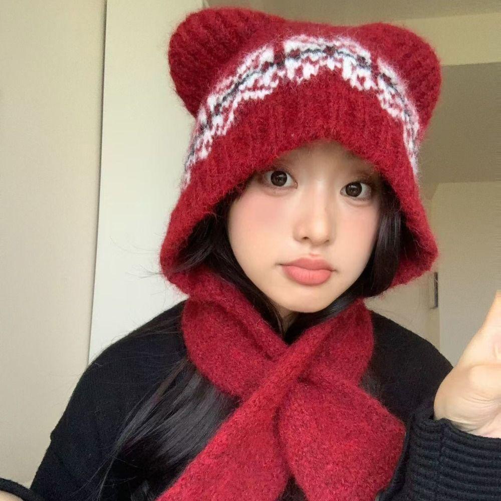 Ethnic Style Jacquard Knitted Hat Fair Isle Style Printing Knit Cap Cute Bear Ears Beanies Outdoor