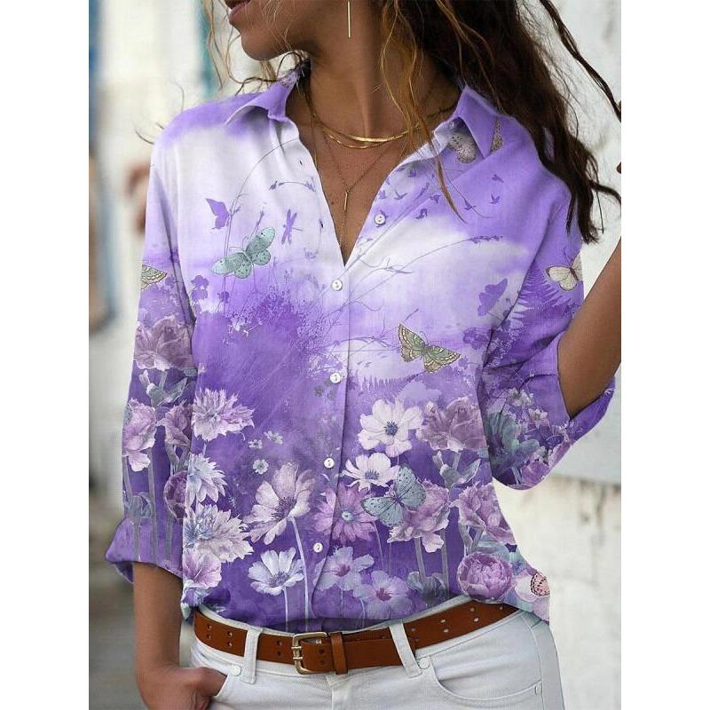 Spring and Autumn Women's Plus Size Shirt Printed Long Sleeve Lapel Shirt