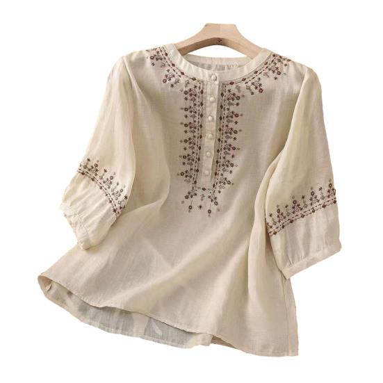 Women Shirt Retro Style Embroidery Flower Pattern Pullover Tops Round Neck 3/4 Sleeve Summer Casual Blouse
