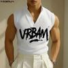 Men Stand V Neck Sleeveless Letter Print Casual Rib Tank Tops 