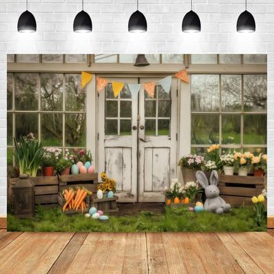 Spring Easter Photography Backdrop White Barn Door Colorful Eggs Bunny Flowers Background Kids Festival Party Decorations Banner