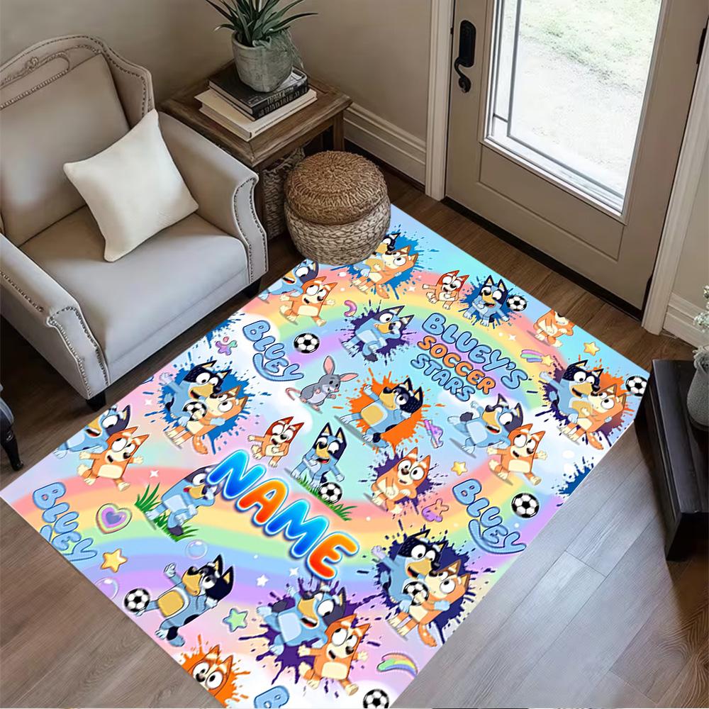Bluey's Soccer Fun Customize Your Name Area Rug Perfect for Balcony Hallway Kitchen Study room Anti-slip Rug Anime Office Decor Wedding Party Gift