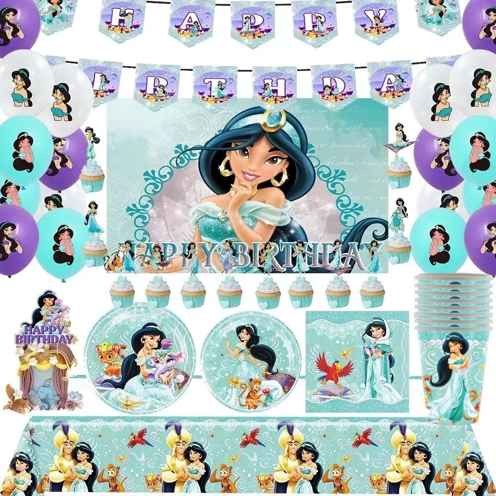 Aladdin Jasmine Princess Girls Birthday Party Decor Kit Disposable Tableware Plates Cups Napkins Tablecloth Balloon Party Favors