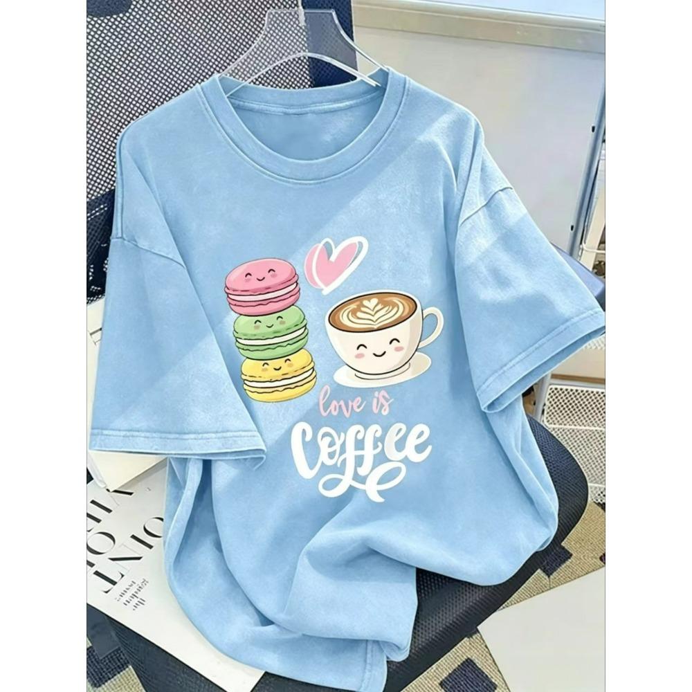 0-5XL Big And Tall Men'S Washed Oversized T-Shirt, Love Is Coffee Cute Macaron Heart Graphic Distressed Tee, Sweet