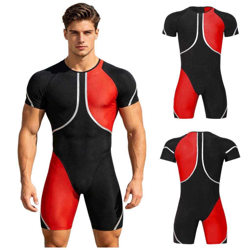 Men‘s Metallic Trim Color Block Swim Jumpsuit Short Sleeve Thigh Length Bodysuit with Back Hidden Zipper for Swimming Training