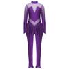 Girls Mock Neck Long Sleeve Sheer Mesh Patchwork Shiny Rhinestones Figure Skating Jumpsuit