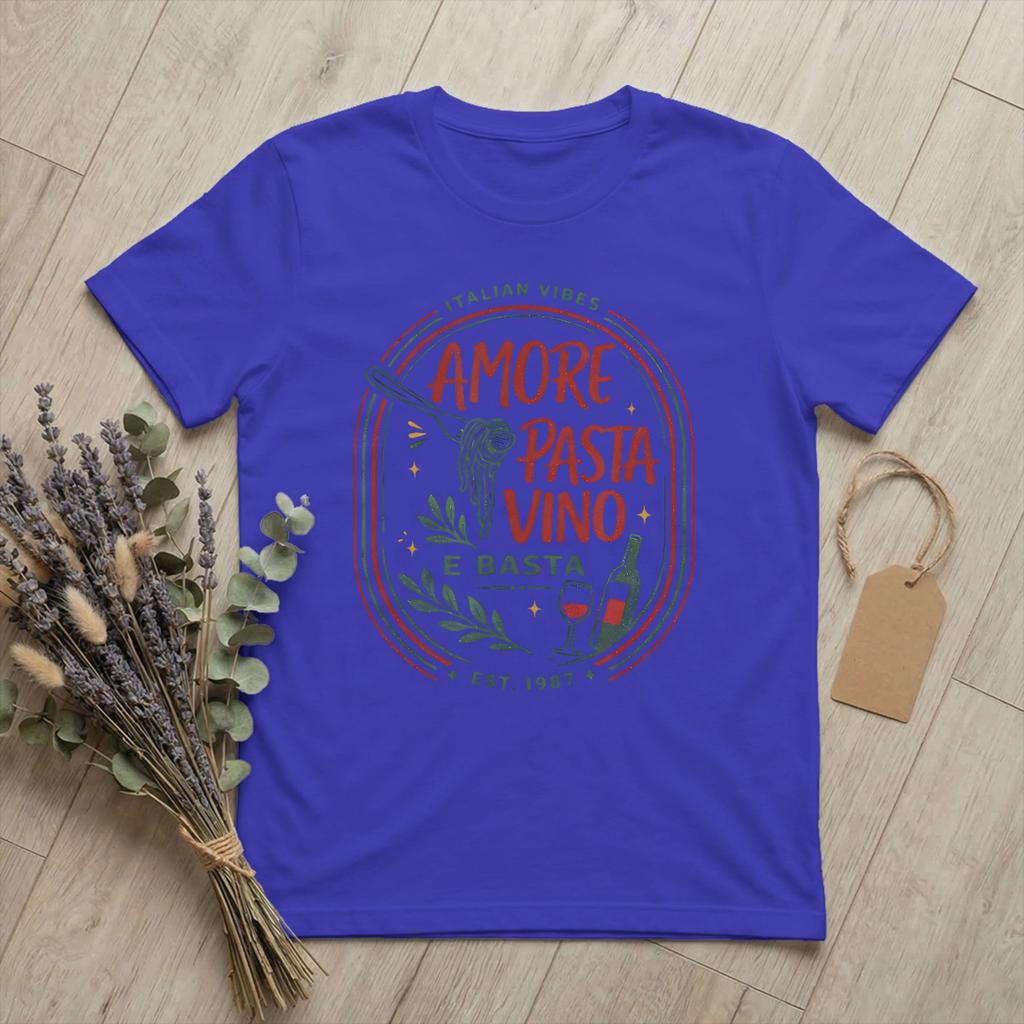 Футболка Amore Pasta Vino e Basta для унисекс Итальянский юмор Еда Веселье Хлопковые футболки Круглый вырез Короткий рукав Футболки Большие размеры Одежда