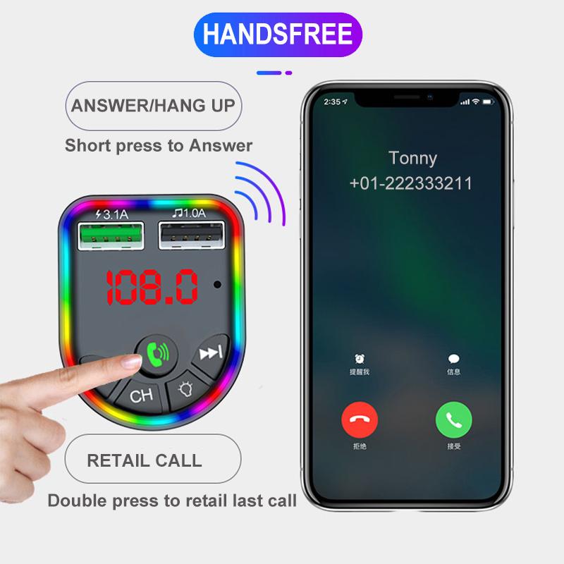 Автомобильный Bluetooth 5.0 FM-передатчик 7-цветный атмосферный светильник Автомобильный комплект MP3-модулятор Беспроводной аудиоприемник громкой связи