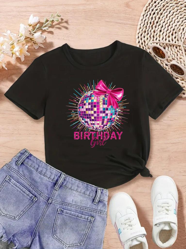 Pink Bow Disco Birthday Girl TShirt Coquette Disco Ball Birthday Shirt Cute Pink Birthday Party Girls Clothes Summer Tops