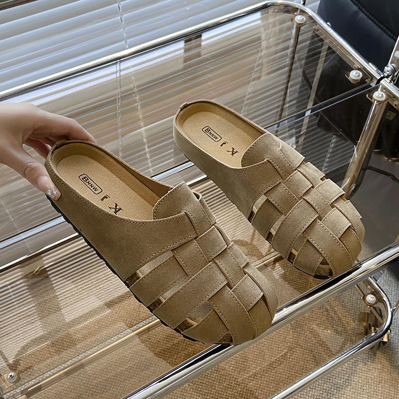 Baotou Half Slippers Women's Summer Outer Wear 2025 New Retro Woven Hollow Breathable Comfortable Flat Bottom Lazy Sandals