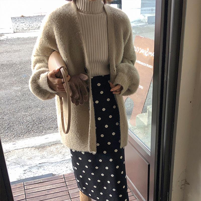 Autumn Women's Fashion Lantern Sleeve Imitation Mink Velvet Loose Sweater Casual Knitted Cardigan Jacket