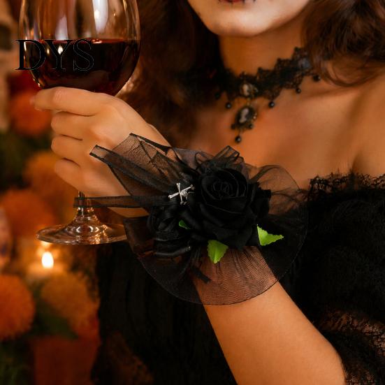 Artificial Rose Hand Flower Black Burgundy Tulle Mesh Corsage for Bridal Groom, Gothic Aesthetic Wristwear Women Boutonniere Wedding, Prom,