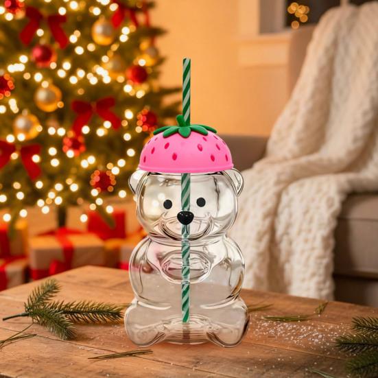 Teddy Bear Glass Sippy Cup with Straw BPA-Free 580ml Large Capacity Glass Tumbler for Cold Drinks Homemade Beverage Container