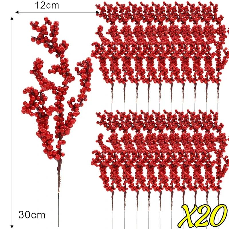 5/30PCS Christmas Red Fruit Berries Simulation Foam Holly Berry Stems Plant DIY Xmas Tree Gifts Craft Christmas Party Decoration