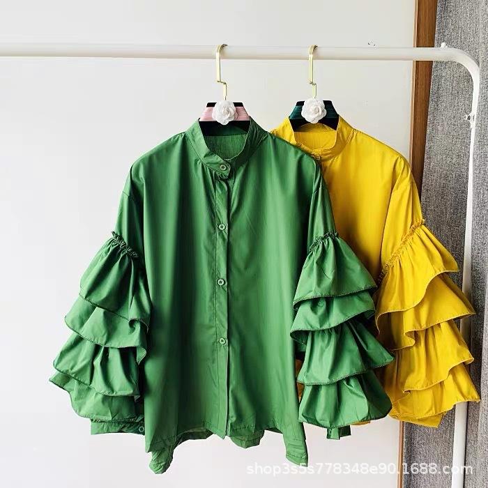 Стильная рубашка, женская, многослойная, с оборками, расклешенные рукава, свободные топы с воротником-стойкой