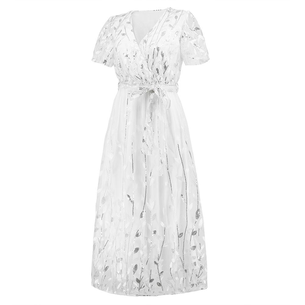 Женское большое вышитое яркое ширмовое облегающее кружевное платье средней длины с V-образным вырезом