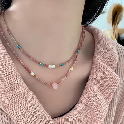 Ожерелье из бисера из камня, розовая, натуральный красный камень, цепочка на шею, не выцветает, летняя высококачественная цепочка на ключицу из титановой стали с жемчугом