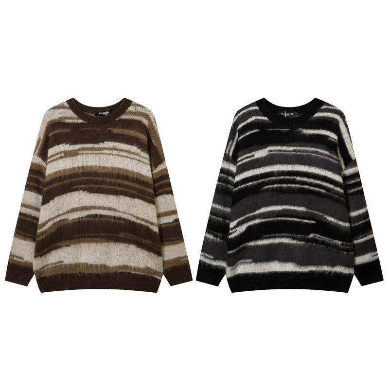 Unisex Oversized Crewneck Sweater Acrylic Blend Warm Streetwear Knit Top With Colorblock Stripes