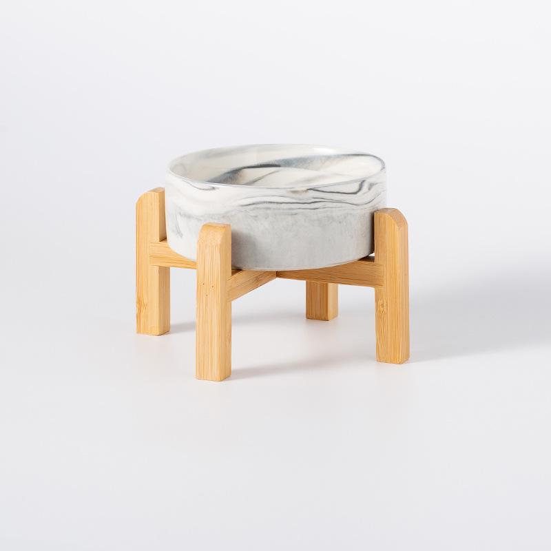 Керамическая миска для корма домашних животных с приподнятой бамбуковой подставкой - Антиопрокидывающаяся конструкция для собак и кошек, Защищает шейный отдел позвоночника