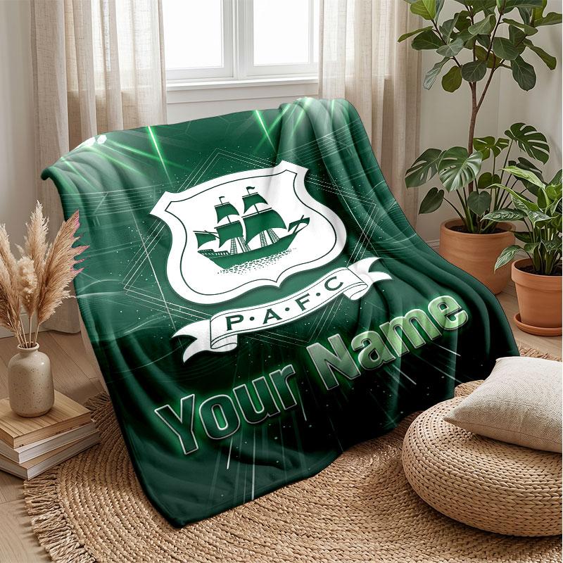 Plymouth Argyle FC Custom Name Text Flannel Blanket Soccer Logo Personalized Fleece Throw Blanket Special Gift For Sofa Bedroom Home