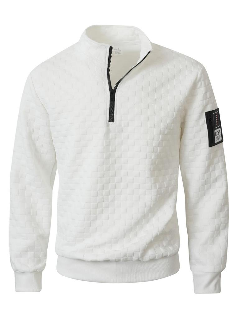 Европейский и американский мужской стеганый вязаный пуловер: Повседневная худи на молнии с воротником-стойкой, вафельной клеткой и жаккардовым узором