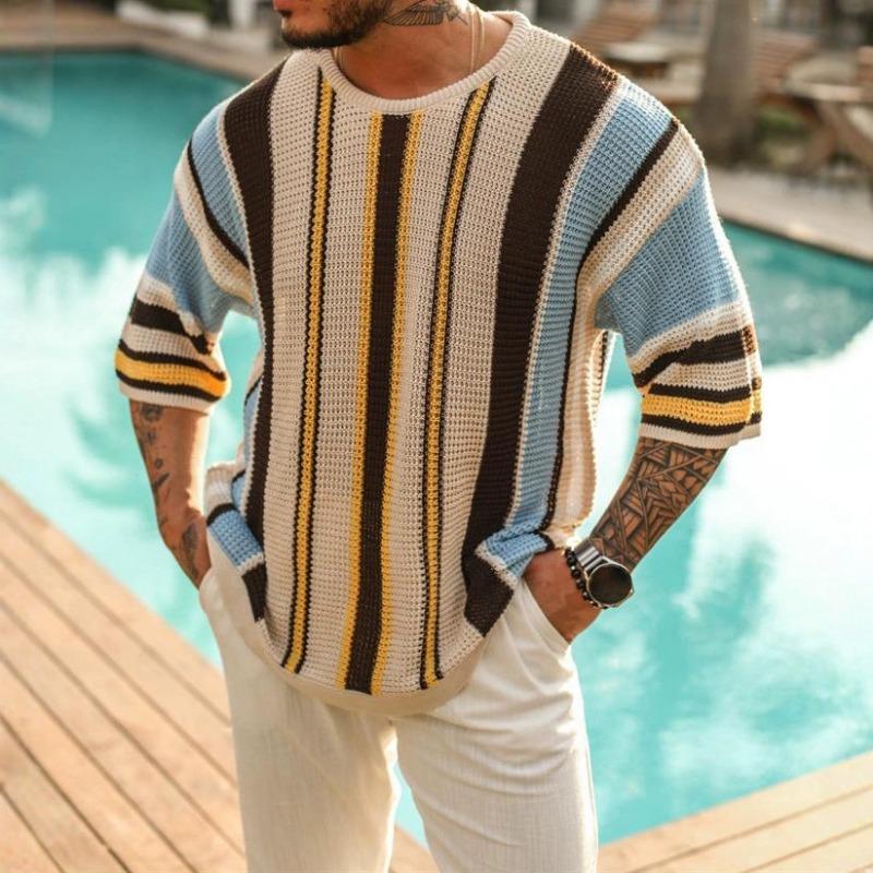 Мужской трикотажный свитер с полосками, с рукавом средней длины и круглым вырезом