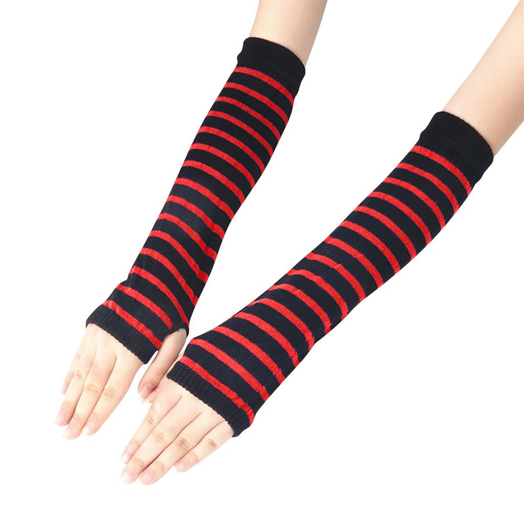 Women Fashion Punk Gothic Stripe Long Arm Warmer Fingerless Gloves