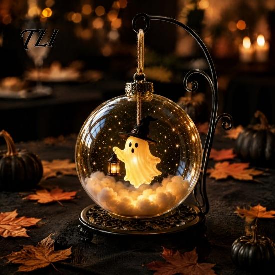 Halloween Ball Ornament Clear Hanging Decoration, Glowing Sphere with Skeleton, Ornaments Pumpkin, Spider Web, Black Cat Decor, Party Supplies Lighted