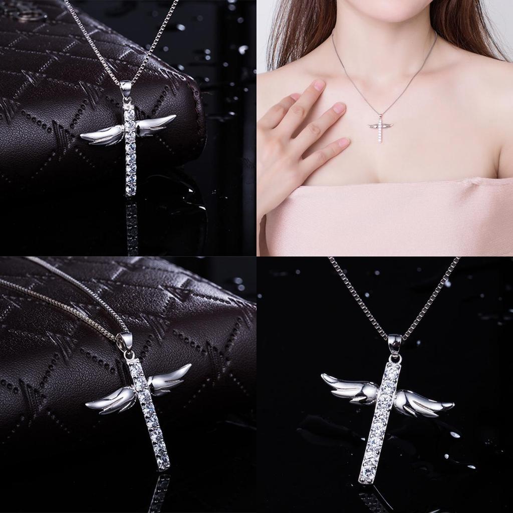 Elegant Silver Women Cross Love Angel Heart Wing Pendant Necklace For Stylish Ladies