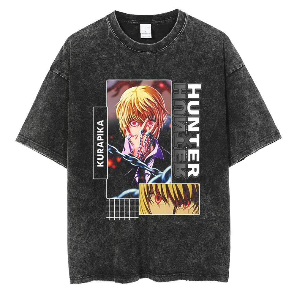 Hunter x Hunter Kurapika Tshirt Men Vintage Washed Black Oversized Streetwear Cotton Short Sleeve Anime Graphic Tees Unisex ops