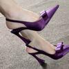 Fashion Temperament Baotou Sandals Summer New Pointed Head Shallow Mouth Satin Butterfly Knot Metal Buckle Non-slip High Heels