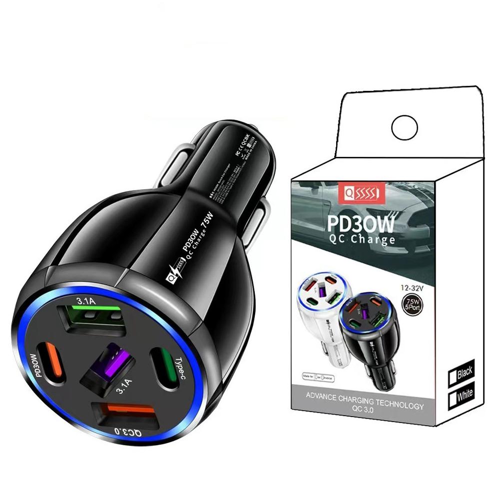 Автомобильное зарядное устройство 5 портов USB Type C 75 Вт PD Зарядное устройство для телефона Quick Charge 3.0 Адаптер питания для быстрой зарядки для iPhone Samsung H U6Q0