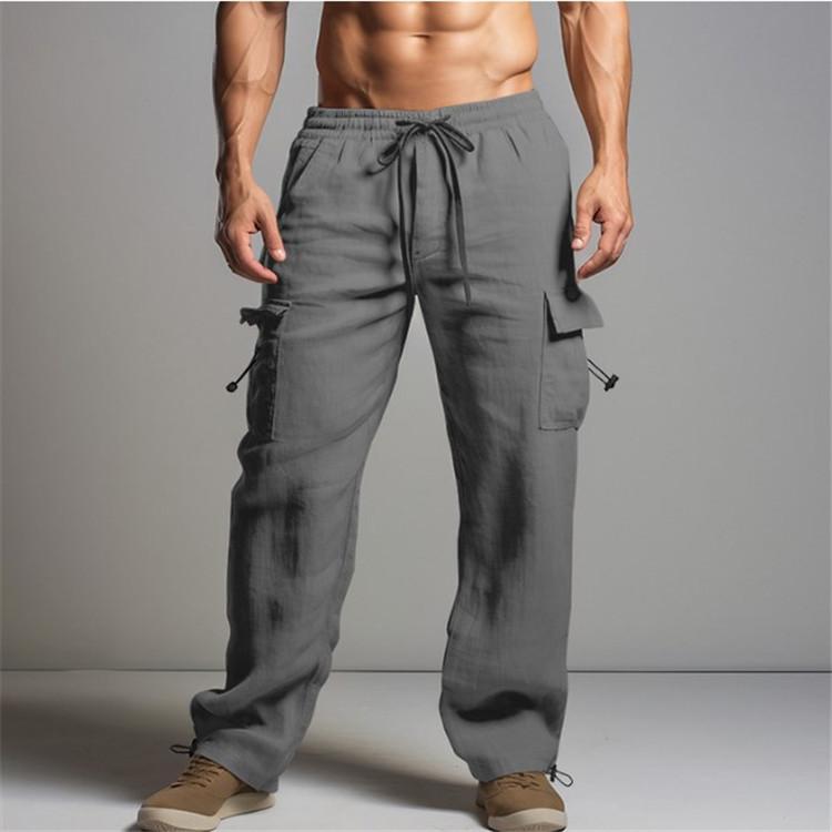 Men's Jogging Trousers Cotton Trousers Summer Beach Trousers Drawstring Elastic Waist Multi-pocket Solid Colour Breathable Casual Work Trousers