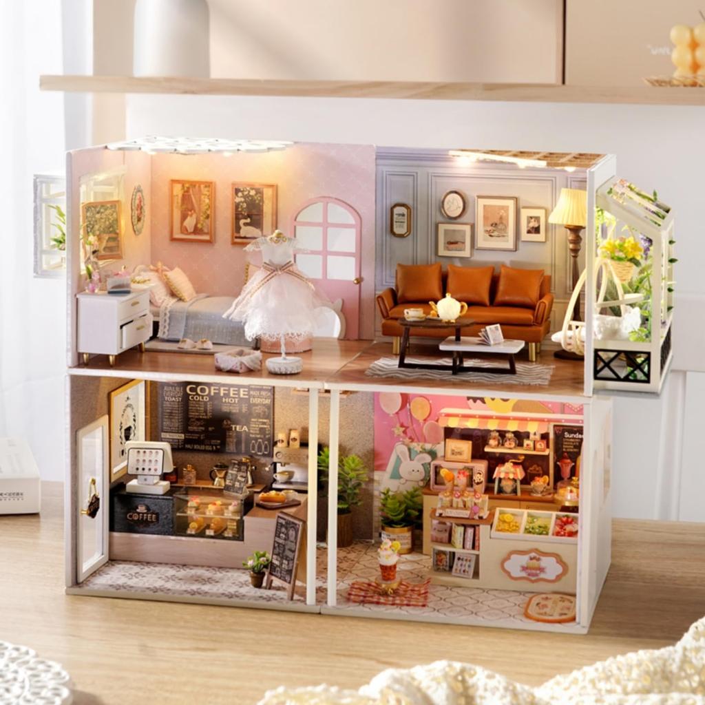 CUTEROOM Miniature Dollhouse Kit with Dustproof Cover and LED Light DIY House Wooden Dollhouse Kit for Teens Creative Gift for Craft Lovers Furniture,