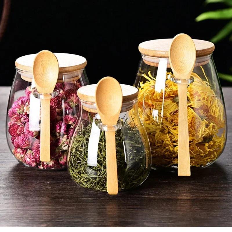 Transparent Glass Tea Jar with Lid Spoon Sealed Food Storage Containers Glass Jar Grains and Sugars Tea Can Sealed Storage Jars