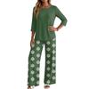 Women's Casual Two Piece Set Round Neck Loose Fit Top with Three Quarter Sleeves and Wide Leg Printed Pants Lounge Wear Set
