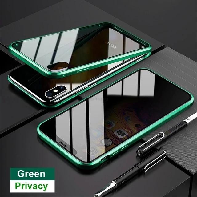 Магнитный закаленный стеклянный защитный металлический чехол для iPhone 15 14 13 12 XR 11 Pro MAX X 7 8 6 Plus 360 Магнитный антишпионский защитный чехол