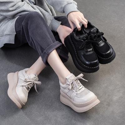 GKTINOO 2025 Весна Новые Толстая Подошва Увеличенная Высота Натуральная Кожа Сплайсинг Дышащая Сетка Женские Плоские Туфли на Платформе