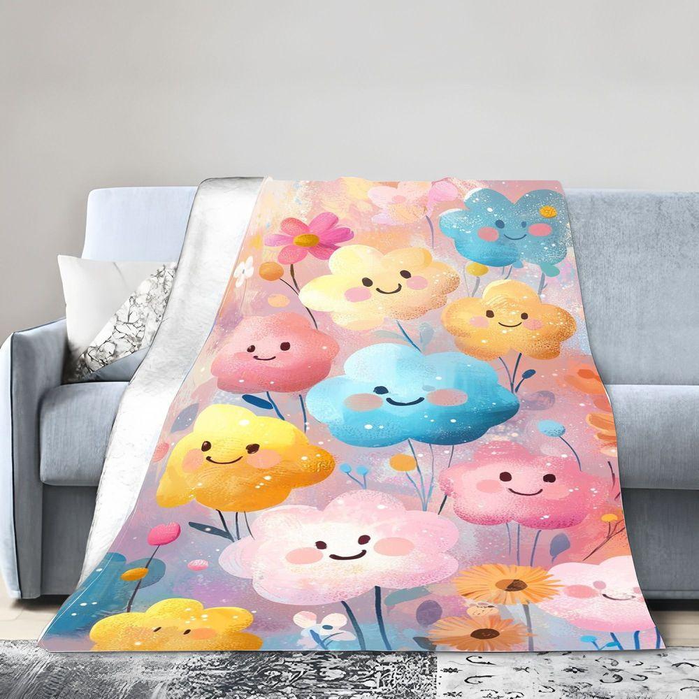 Причудливый цветочный плед - Радостные улыбающиеся цветы в пастельных тонах, Мягкий и уютный плед для домашнего декора - Идеально подходит для ребенка