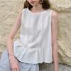 Women's Sleeveless Summer Top - Premium Linen White Pleated Ruffle Hem, Breathable Round Neck Loose Fitting Elegant Summer Shirt