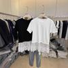 Korean Lace Trim Patchwork Two-in-One Long Sleeve T-Shirt for Women - 2025 Summer Collection, Round Neck, Slim Fit Basic Top