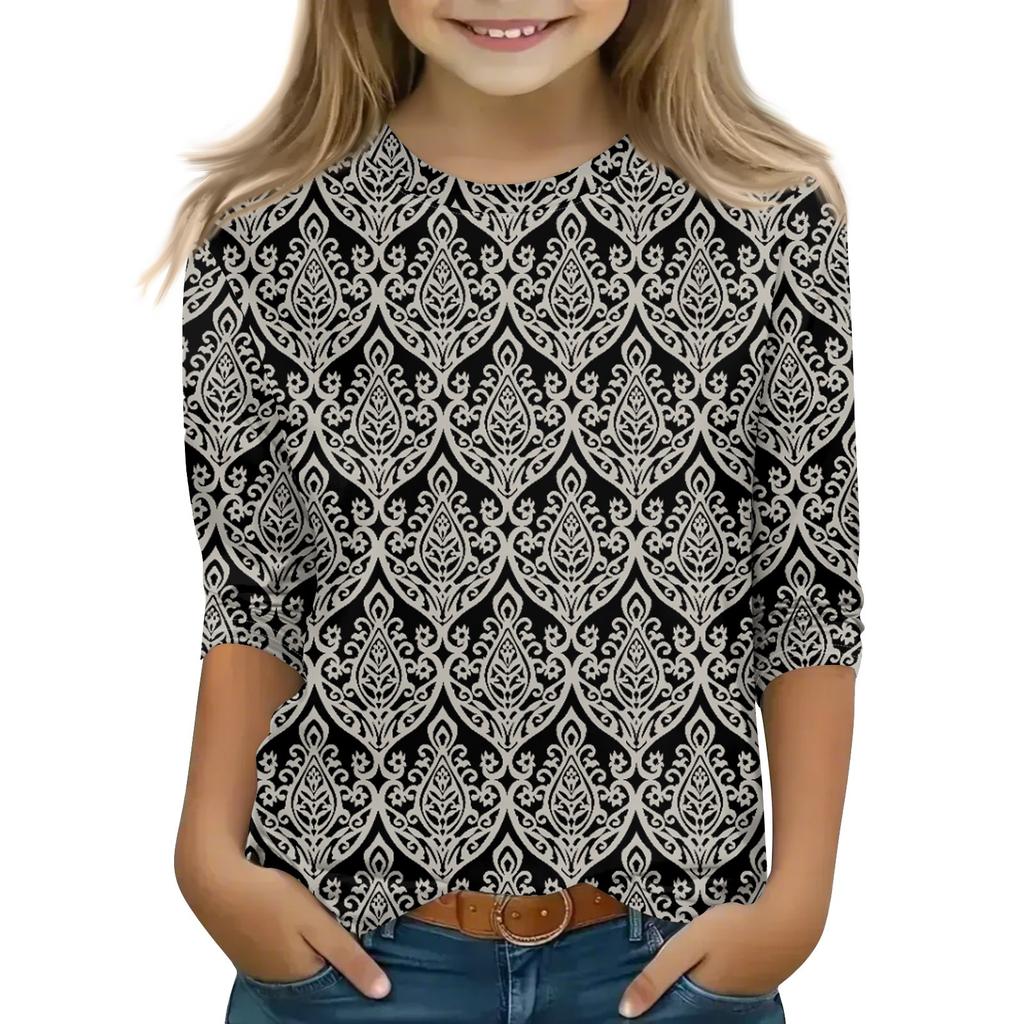 Топы с принтом для девочек 5-16 лет с круглым вырезом и рукавами 3/4 Футболки Модные топы Наряды Футболки