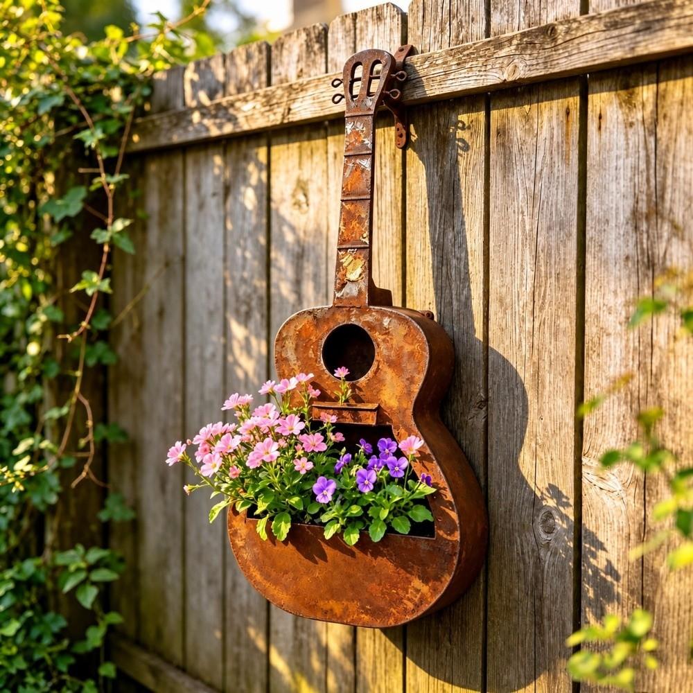 Guitar Wall-mounted Flowerpot Rusty Red Outdoor Planter Distressed Wall Flower Pot Wall Decoration