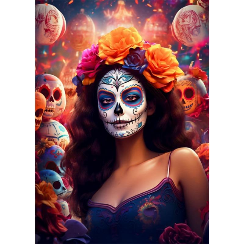 Праздничная и таинственная мексиканская девушка День мертвых Готические сахарные черепа Холст Картина Плакаты Печать Настенная картина Домашний декор