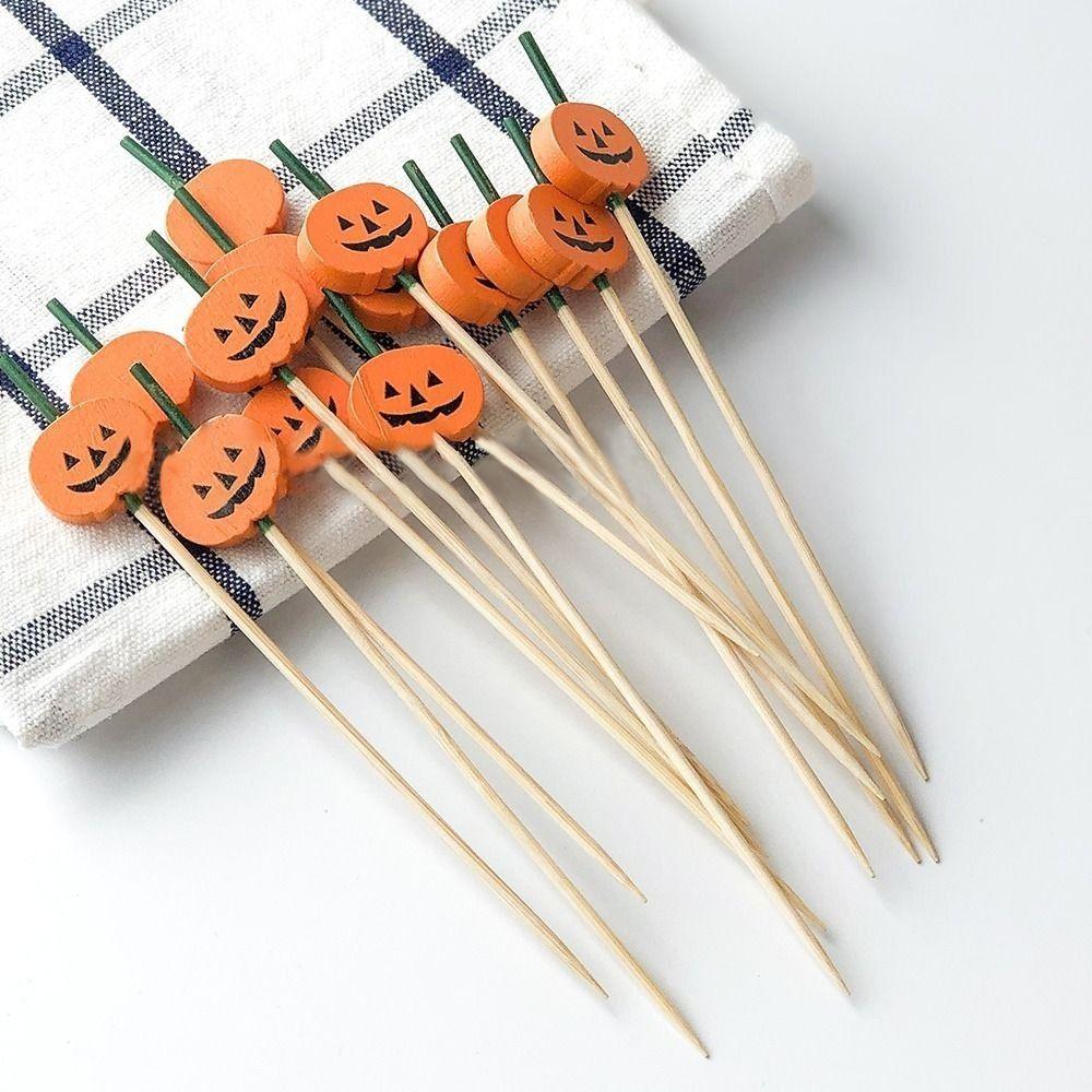 100pcs Natural Material Halloween Pumpkin Bamboo Skewers Cocktail Sticks Thanksgiving