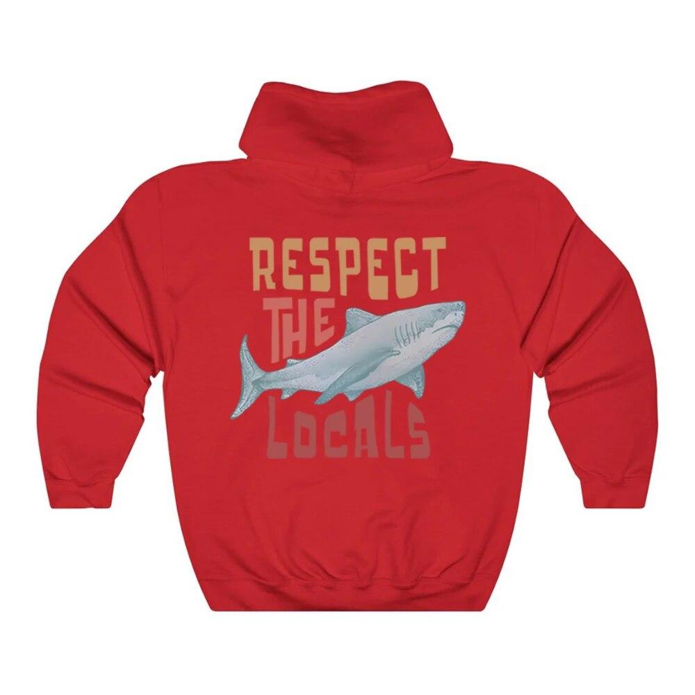 Толстовка Respect The Local Толстовка с капюшоном для местного серфинга Пляжный пуловер с изображением акулы Винтажные пляжные толстовки для охраны океана Толстовка унисекс