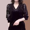 Весна и осень Женская сексуальная прозрачная кружевная лоскутная элегантная базовая футболка с V-образным вырезом и длинным рукавом Черный пуловер Топы